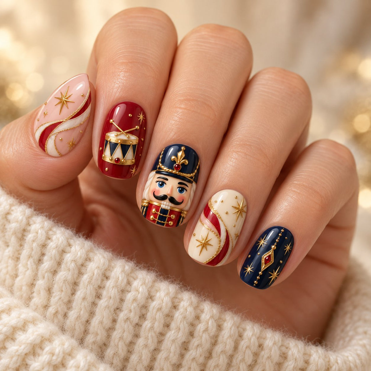 Nutcracker Parade Press On Nails With Cranberry Ribbons and Gold Stars worn on hand