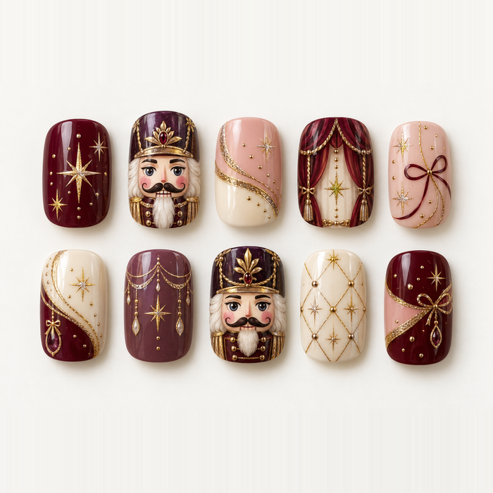 Nutcracker Theater Press On Nails in Burgundy, Rose, Cream, and Gold
