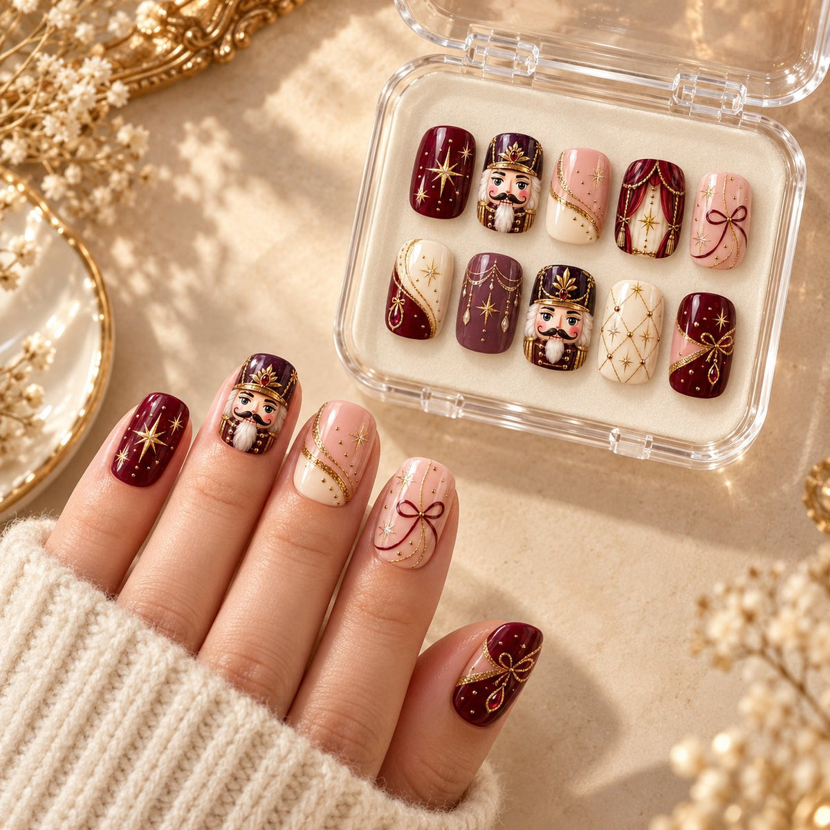 Nutcracker Theater Nails in Burgundy, Rose, Cream, and Gold worn on hand with acrylic storage box