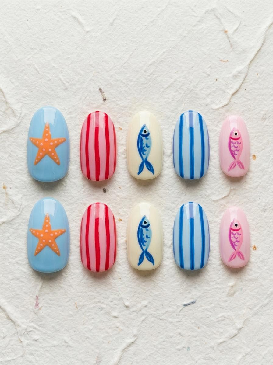 Ocean Beach Nails with Starfish, Fish, and Stripes