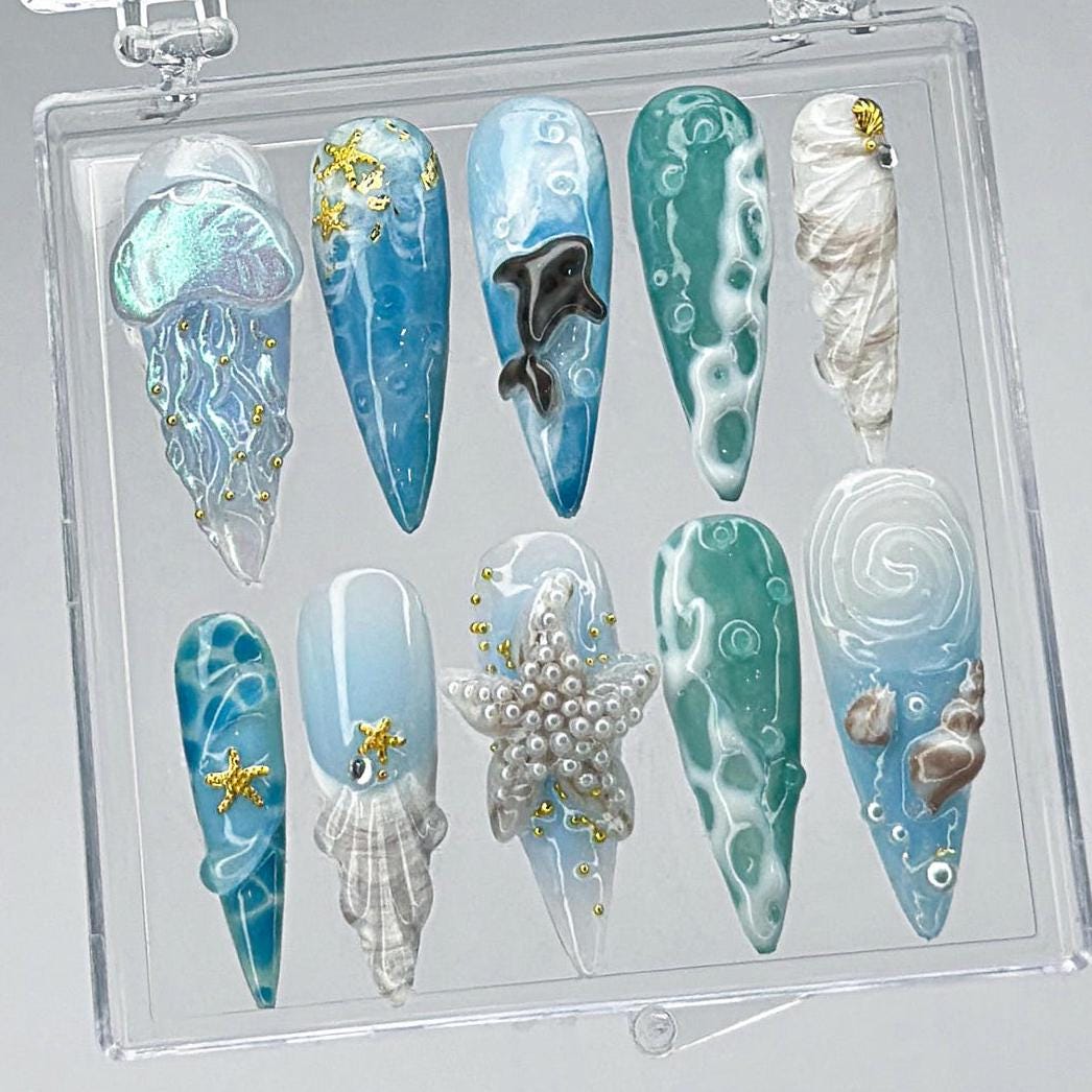 Ocean Blue 3D Jellyfish, Starfish & Seashell Press-On Nail Set