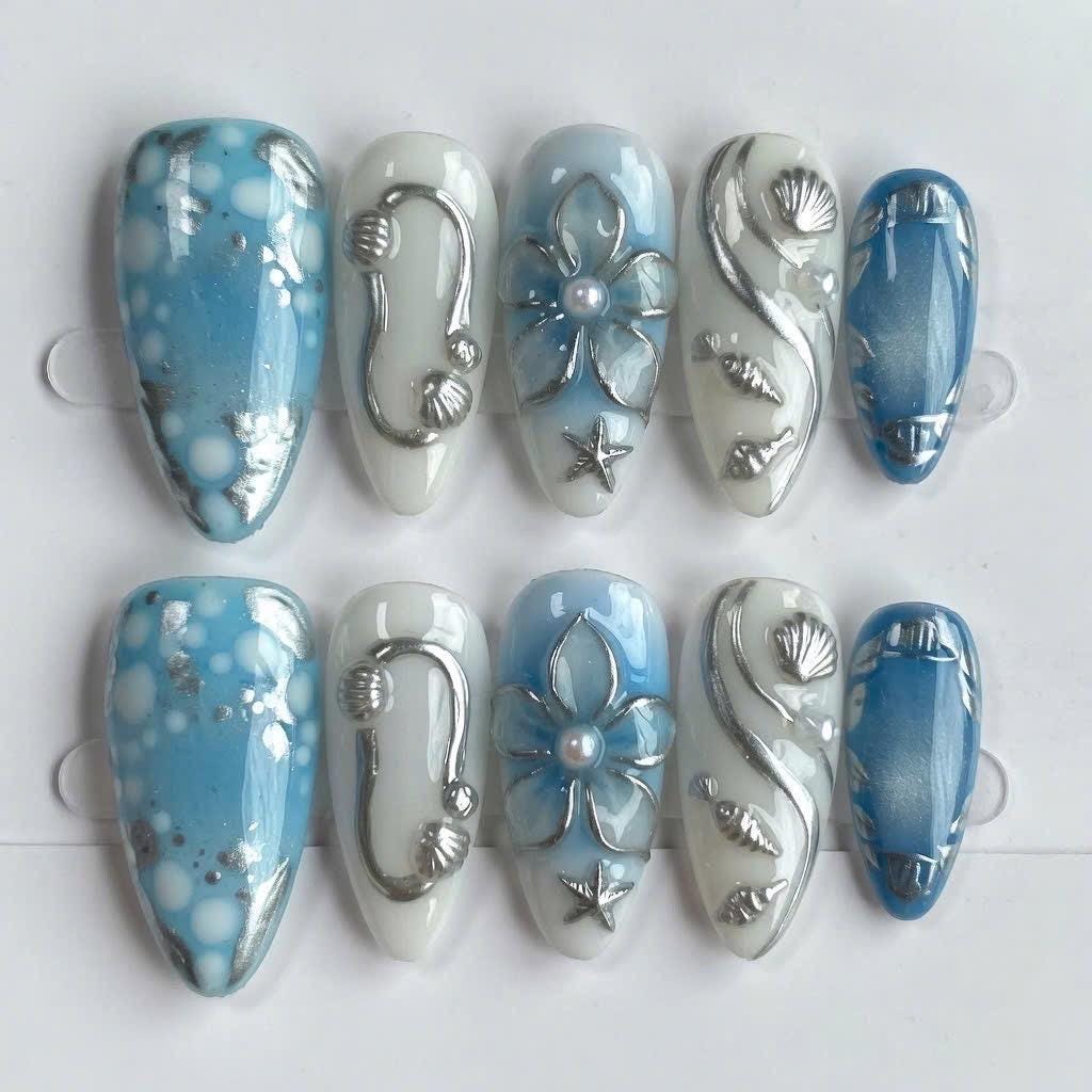 Ocean Blue Mermaid Nails with 3D Silver Shells, Pearl-Center Flowers and Star Accents