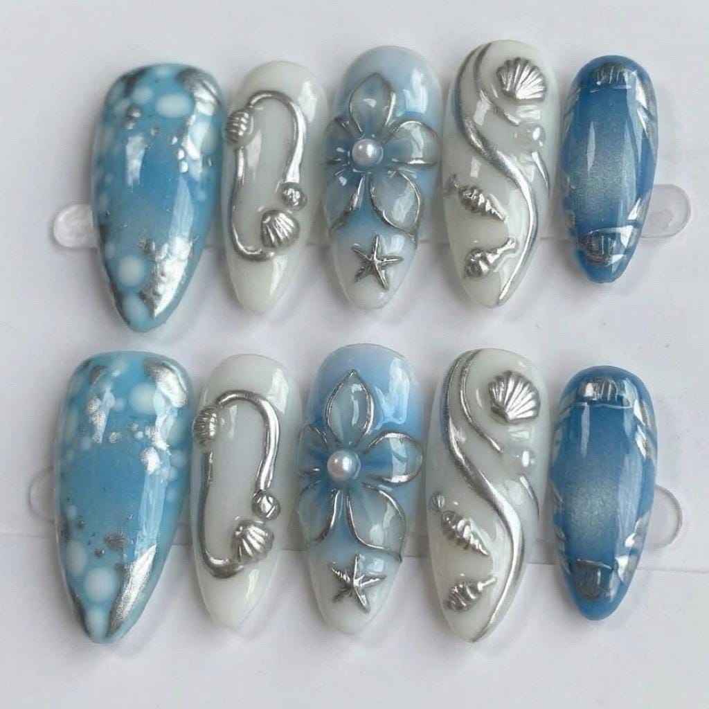 Ocean Blue Mermaid Nails with 3D Silver Shells, Pearl-Center Flowers and Star Accents