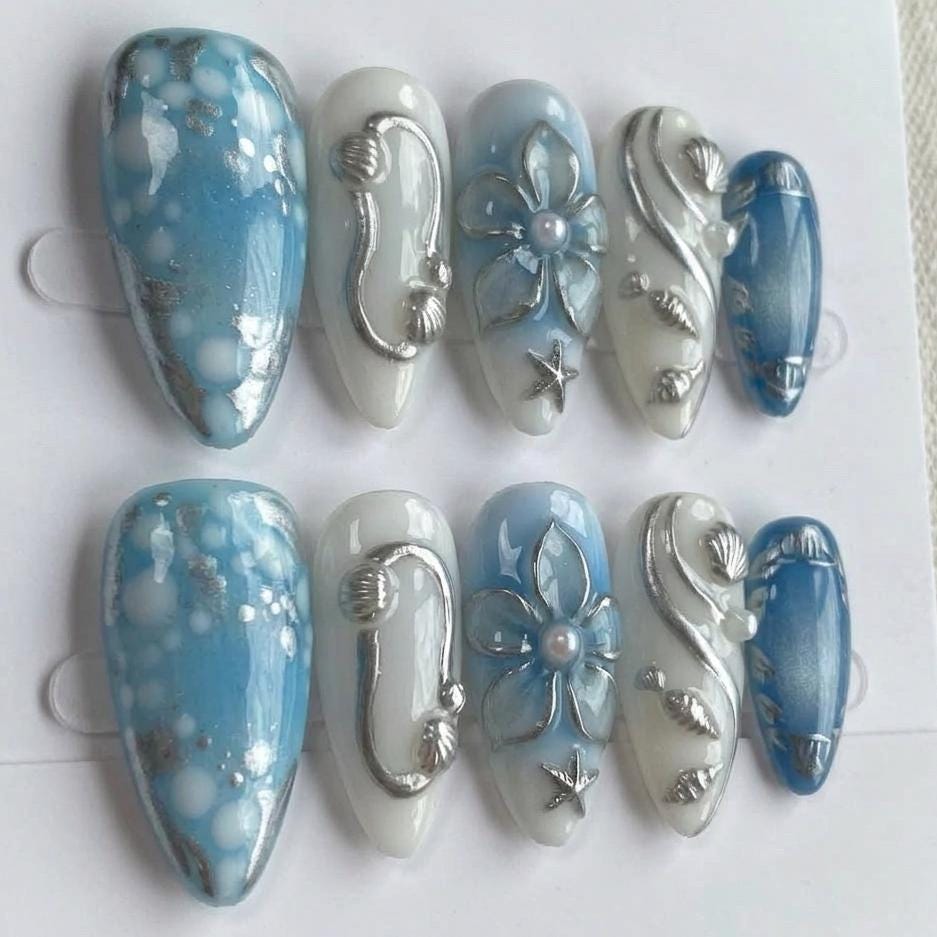 Ocean Blue Mermaid Nails with 3D Silver Shells, Pearl-Center Flowers and Star Accents