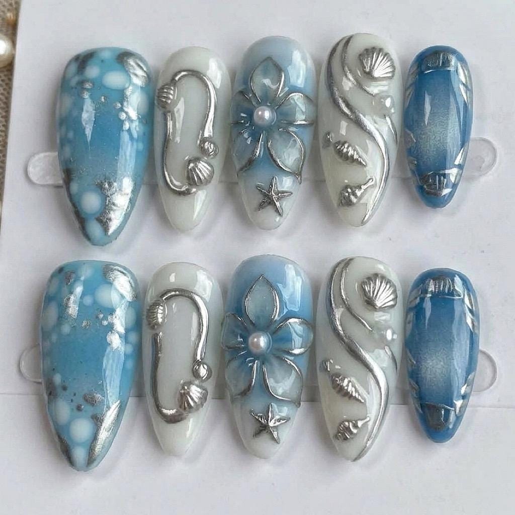 Ocean Blue Mermaid Nails with 3D Silver Shells, Pearl-Center Flowers and Star Accents