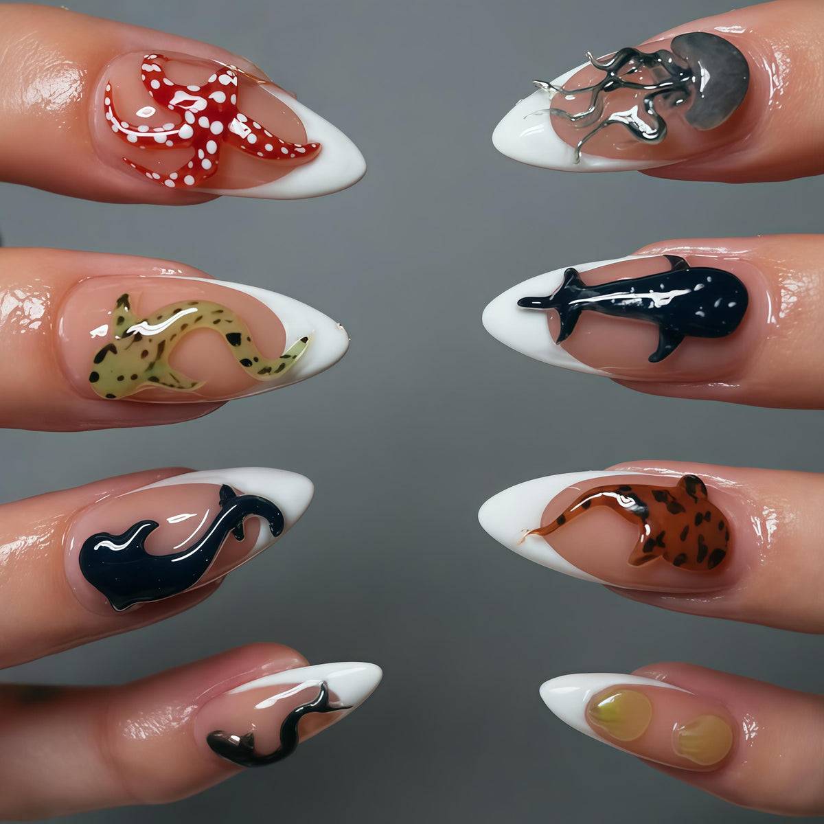 Ocean Creature Press On Nails With Glossy Nude and White Tips