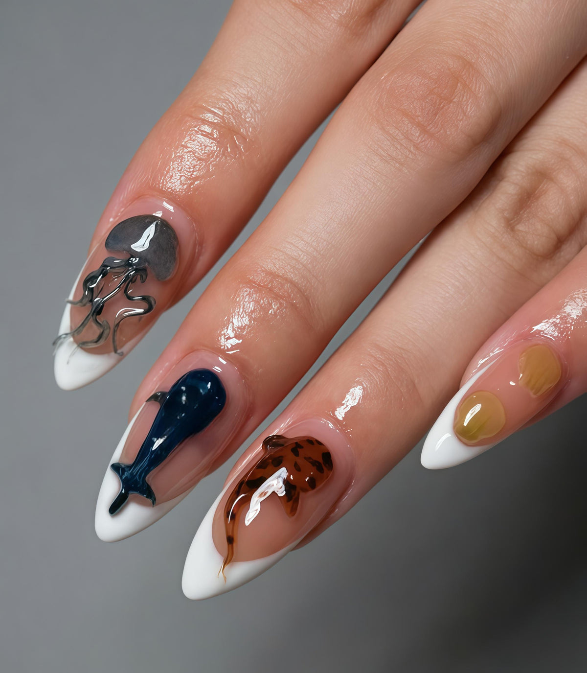 Ocean Creature Press On Nails With Glossy Nude and White Tips