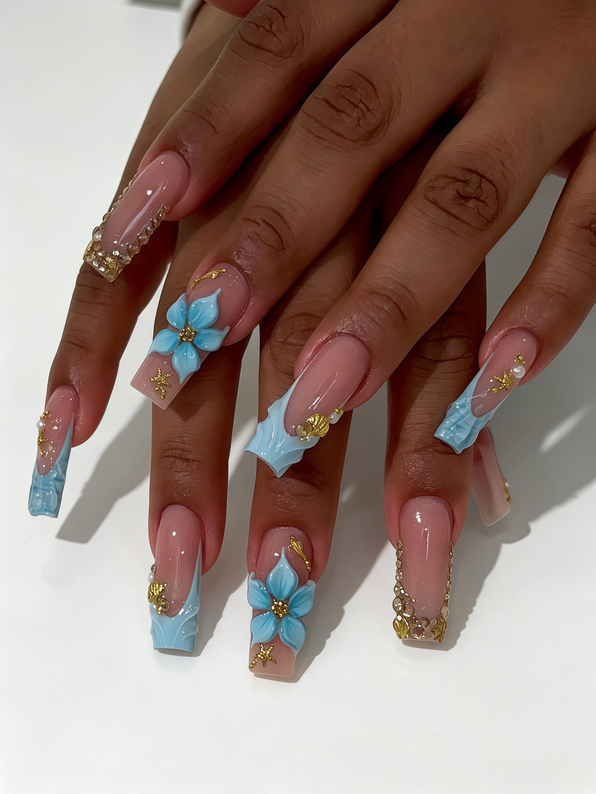 Ocean-Inspired Blue 3D Flower Press On Nails with Gold Accents