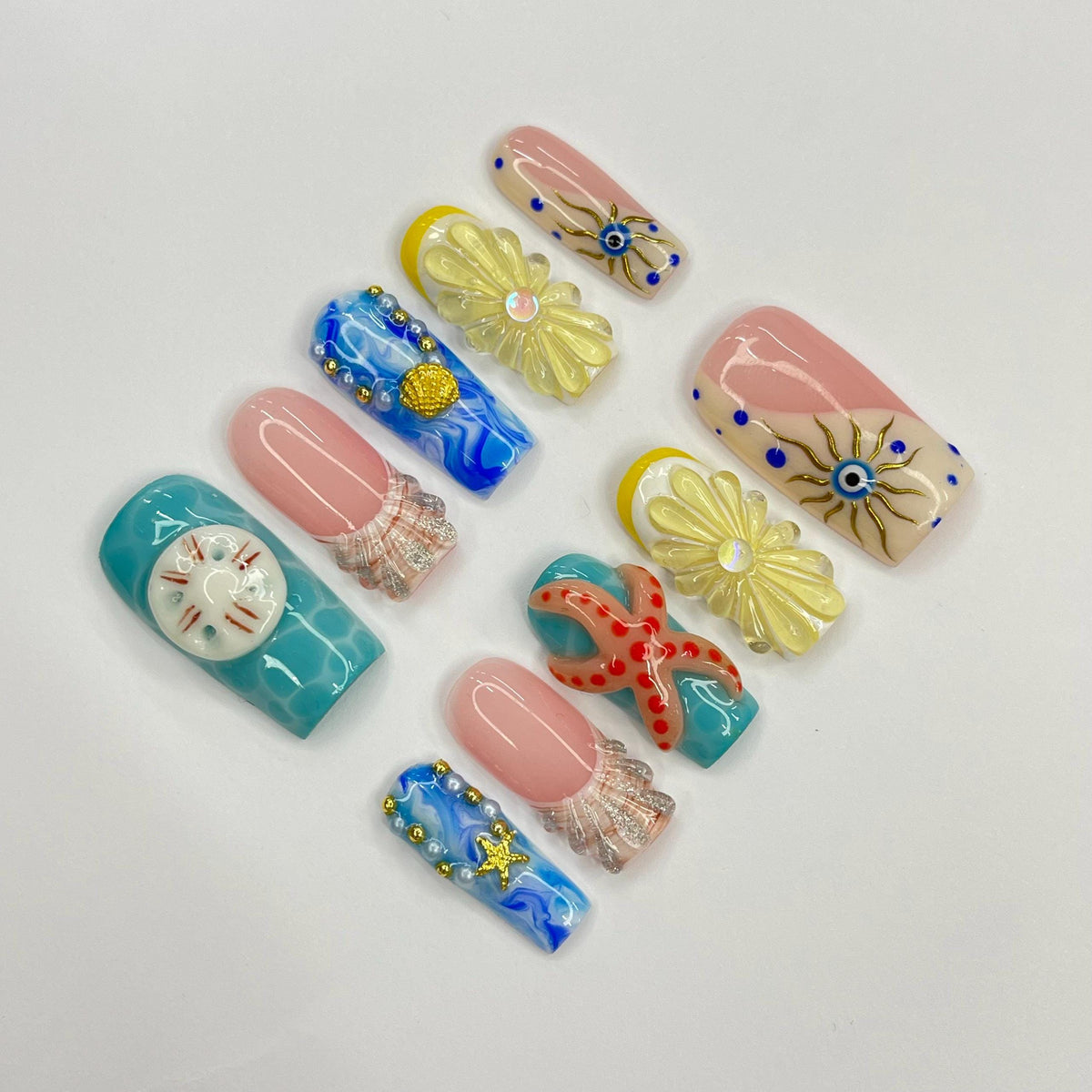 Ocean-Inspired Press-On Nails with Shells, Starfish, and Sculpted Flowers