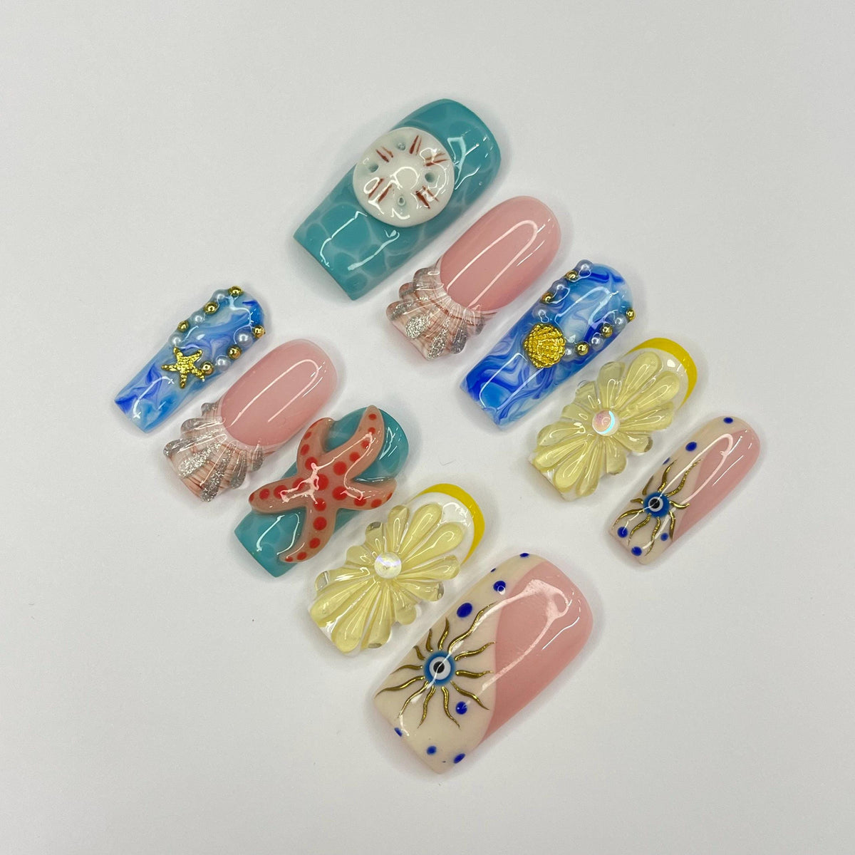 Ocean-Inspired Press-On Nails with Shells, Starfish, and Sculpted Flowers