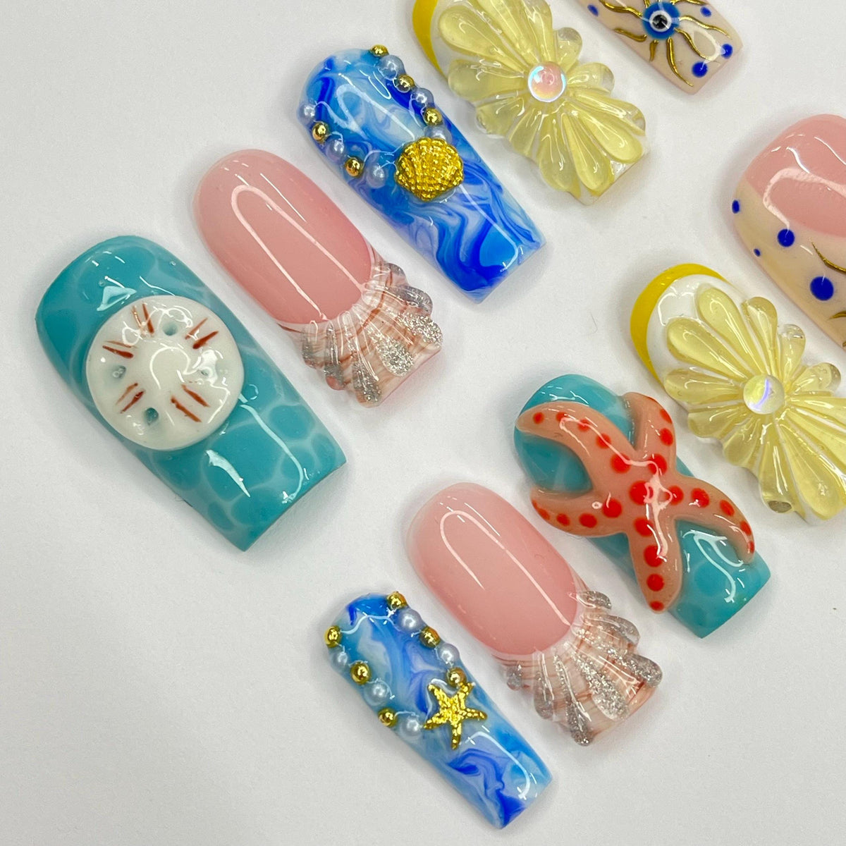 Ocean-Inspired Press-On Nails with Shells, Starfish, and Sculpted Flowers
