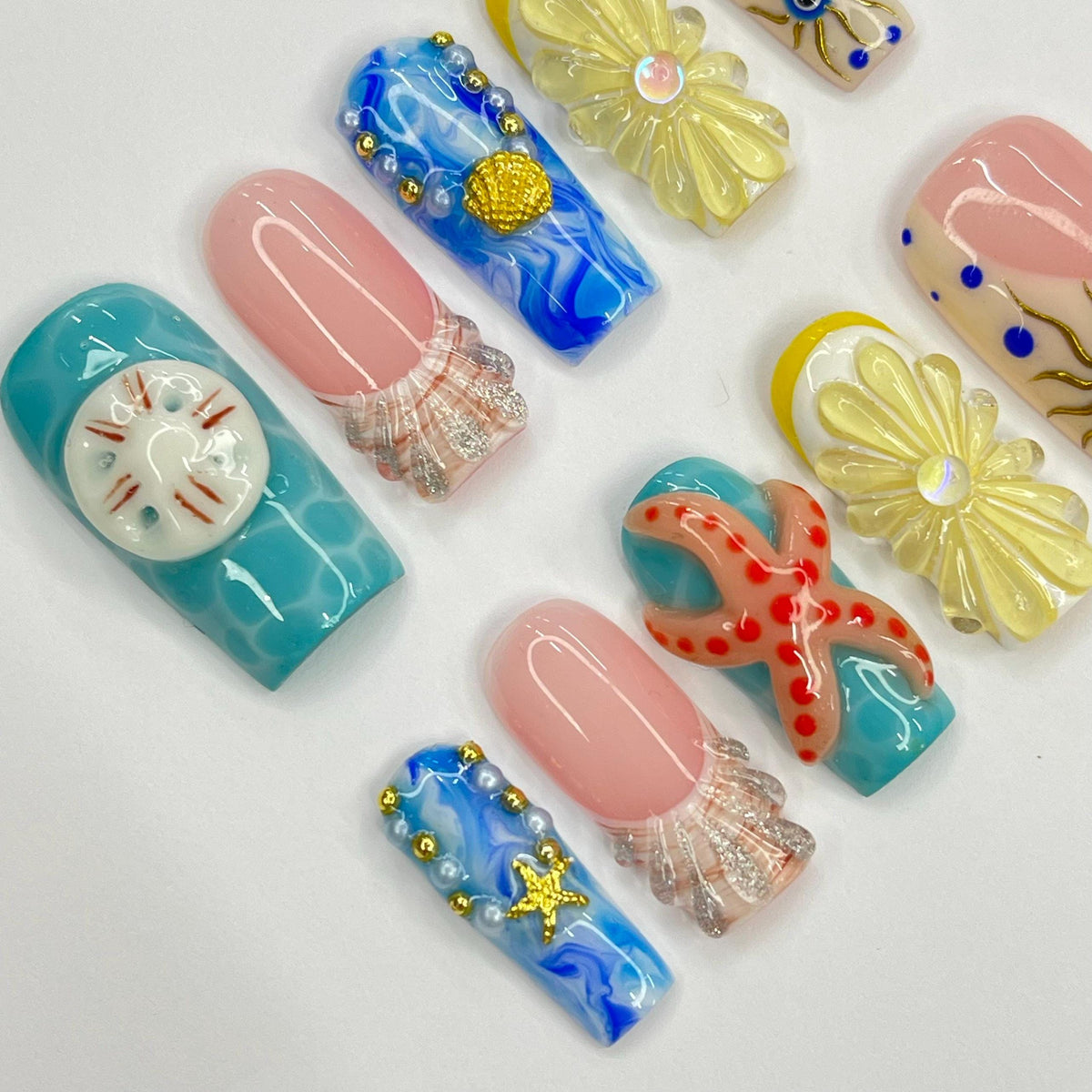 Ocean-Inspired Press-On Nails with Shells, Starfish, and Sculpted Flowers