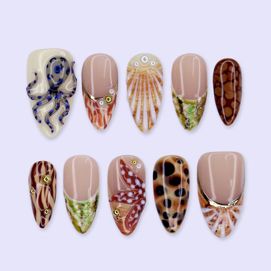 Ocean Life Summer Press On Nails with Blue Octopus, Shell Details, Tortoiseshell and Green Marble