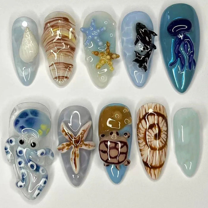 Ocean Sea Creature Press On Nail Set with Octopus, Turtle and Shell Details