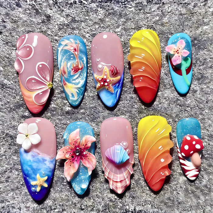 Ocean Shell Press On Nails with Starfish and Floral Details