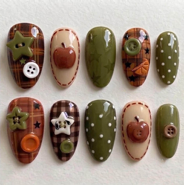 Olive Green and Autumn Plaid Press On Nails with Stitched Borders, Stars and Button Accents