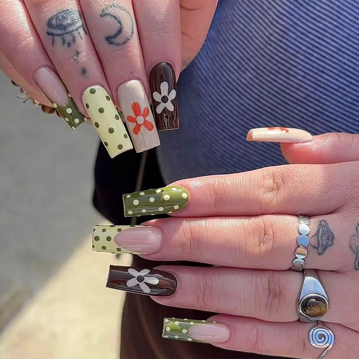 Olive Green and Brown Polka Dot French Tip Floral Nail Set