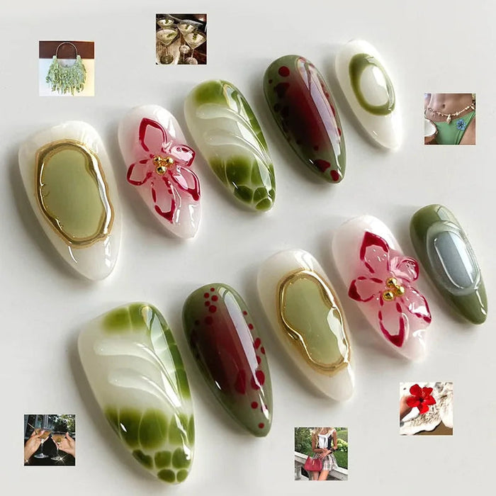 Olive Green and Burgundy Floral Marble Press On Nail Set with Gold Accents