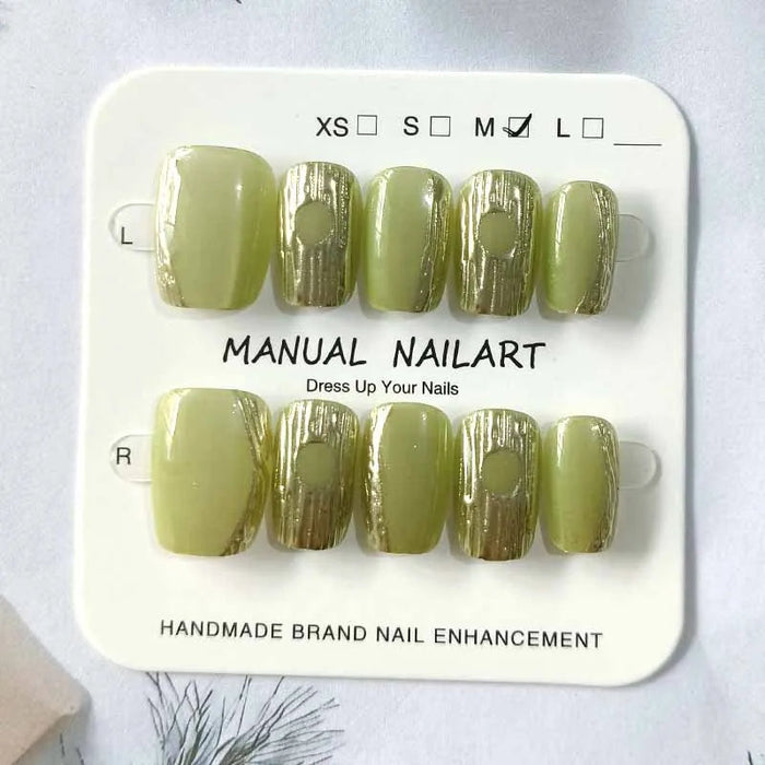 Olive Green and Gold Metallic Stripe Press On Nails