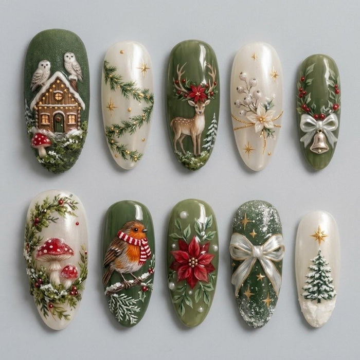 Olive Green and Ivory Christmas Press On Nails with Snowy Cottage, Reindeer, Robin and 3D Details