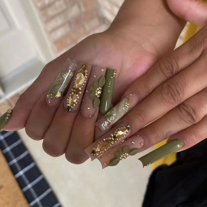 Olive Green and Nude Press-On Nails with Gold Floral Charms and Rhinestones