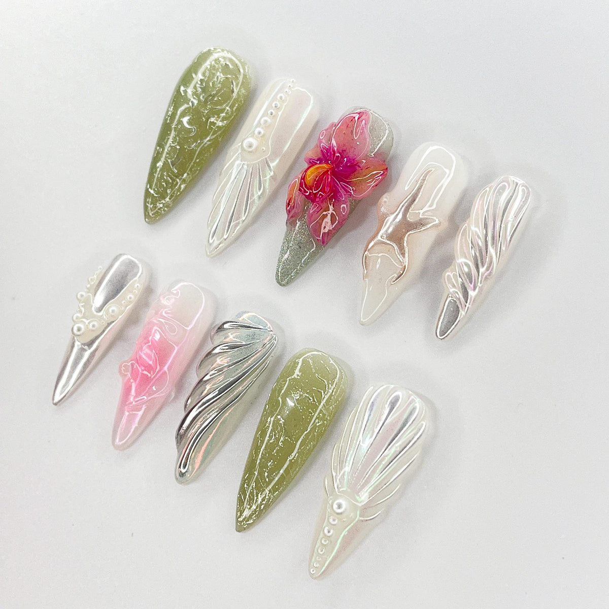 Olive Green and Pink Orchid Press On Nails with Pearl Shell Details and Starfish