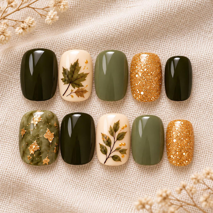 Olive Green and Sage Press-On Nails With Autumn Leaves, Gold Glitter and Marble Foil