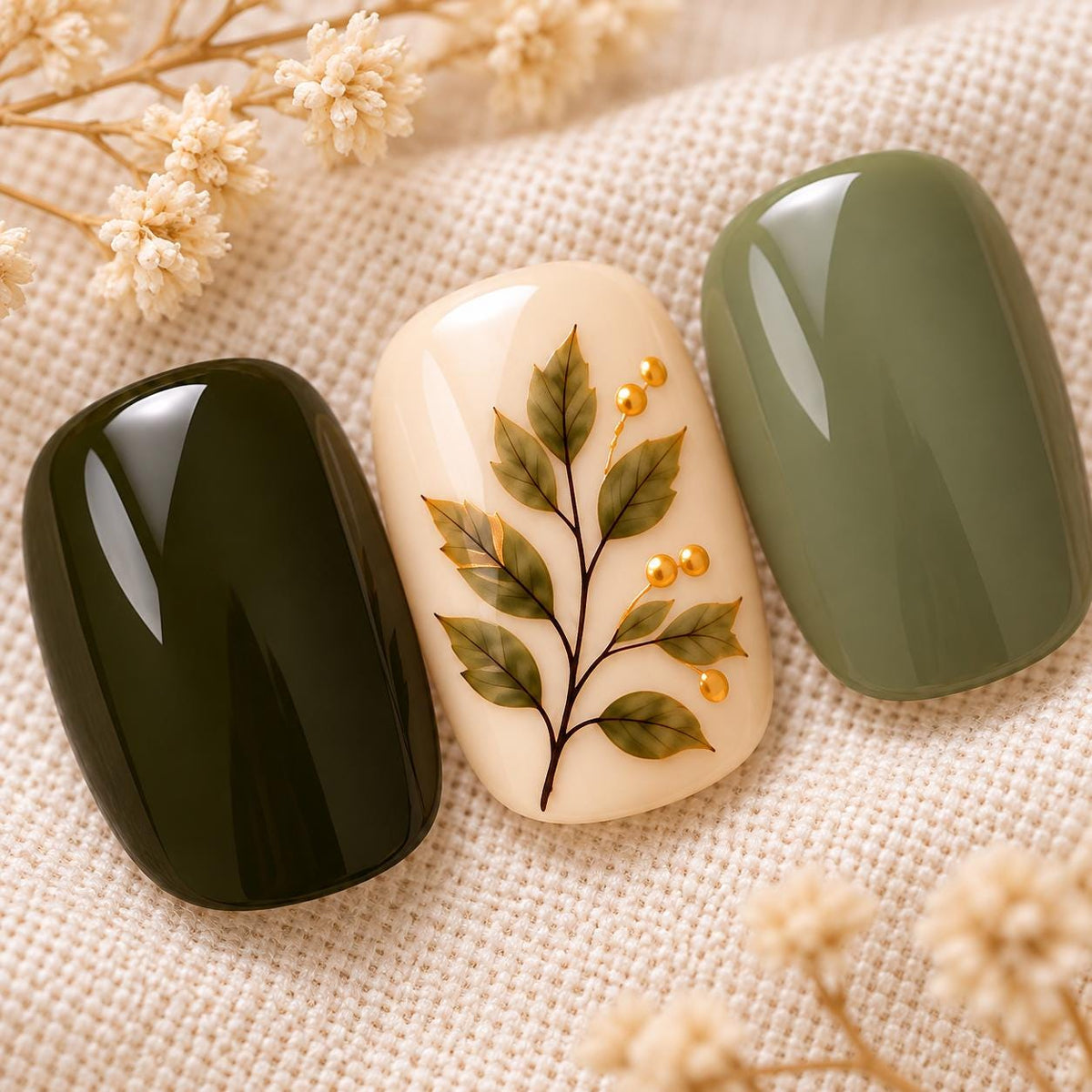 Olive Green and Sage Press-On Nails With Autumn Leaves, Gold Glitter and Marble Foil