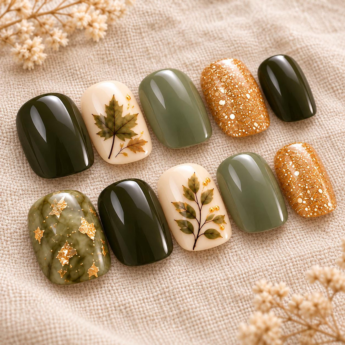 Olive Green and Sage Press-On Nails With Autumn Leaves, Gold Glitter and Marble Foil