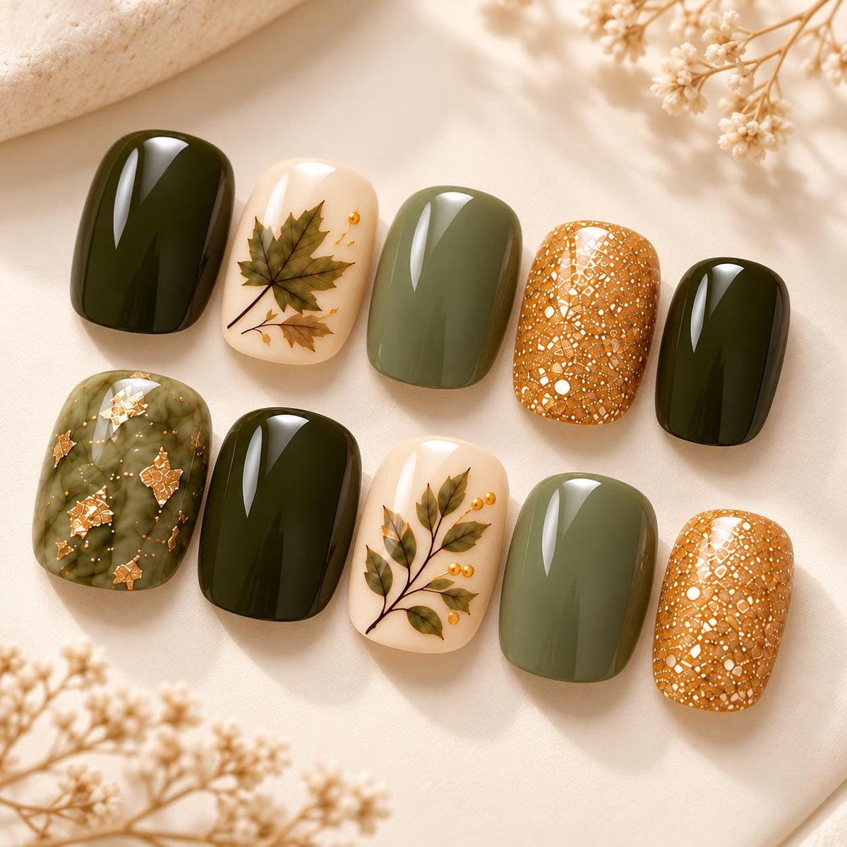 Olive Green and Sage Press-On Nails With Autumn Leaves, Gold Glitter and Marble Foil