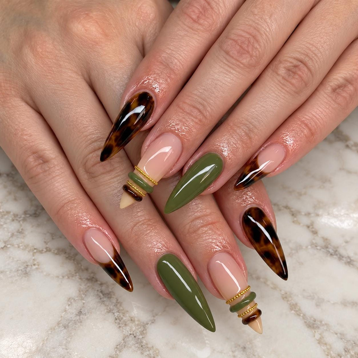 Olive Green and Tortoiseshell French Tip Nails with Gold Ring Accents for Fall
