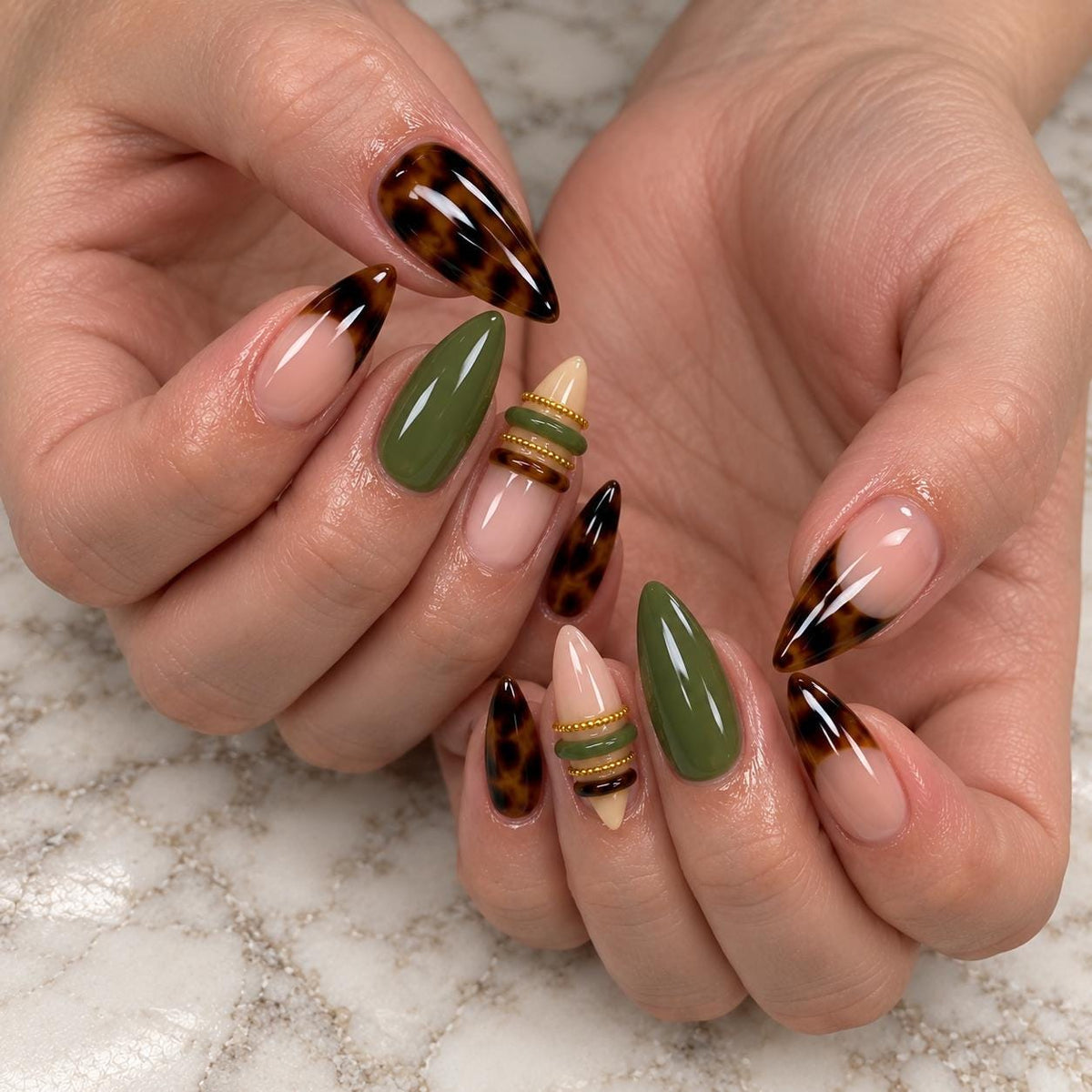 Olive Green and Tortoiseshell French Tip Nails with Gold Ring Accents for Fall