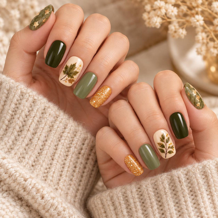Olive Green Botanical Fall Press-On Nails with Maple Leaves, Gold Foil Marble and Glitter