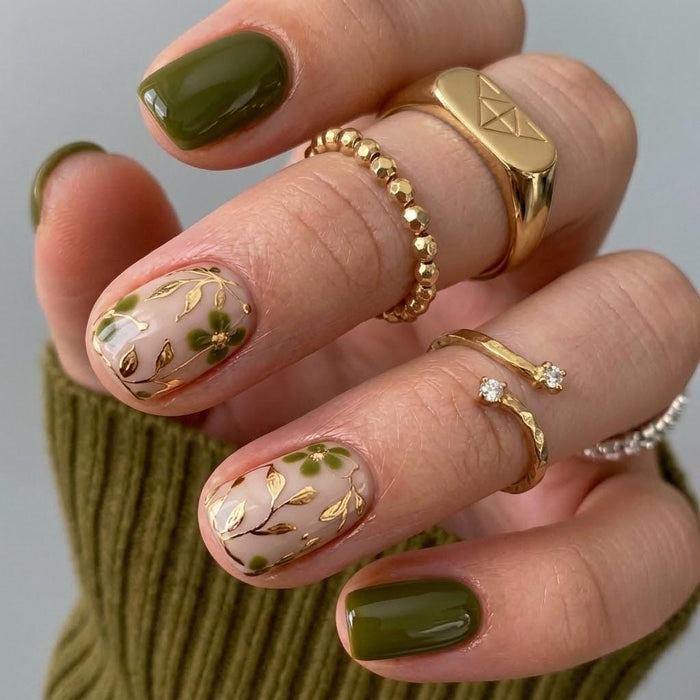 Olive Green Botanical Floral Press On Nail Set With Gold Leaf Accents
