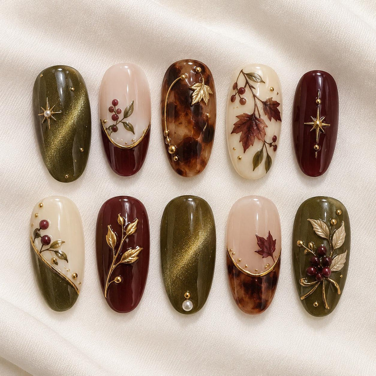 Olive Green Cat-Eye and Burgundy Fall Botanical Nails with Tortoiseshell and Gold Details