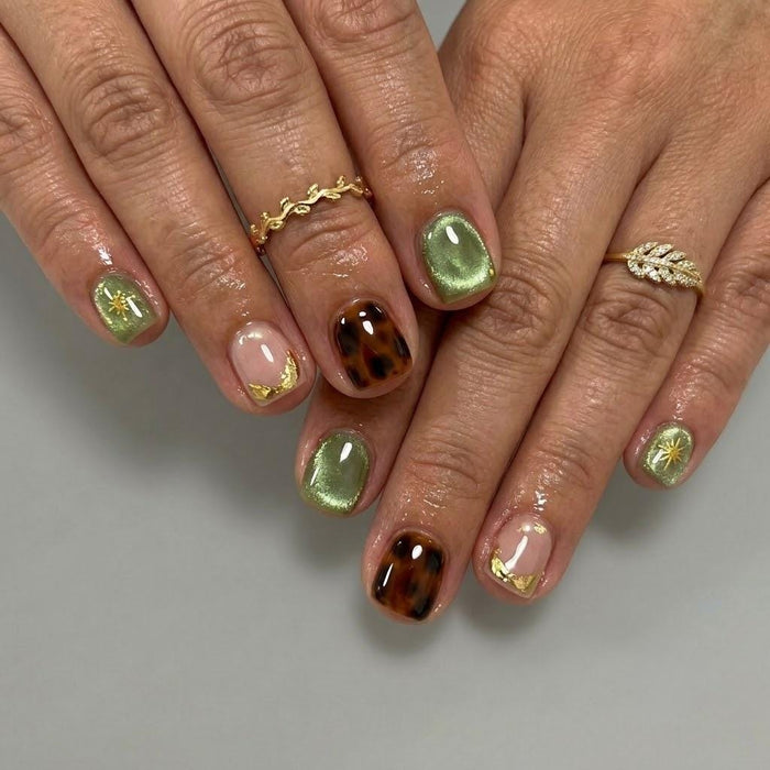 Olive Green Cat Eye and Tortoiseshell Fall Press On Nail Set with Gold Starbursts