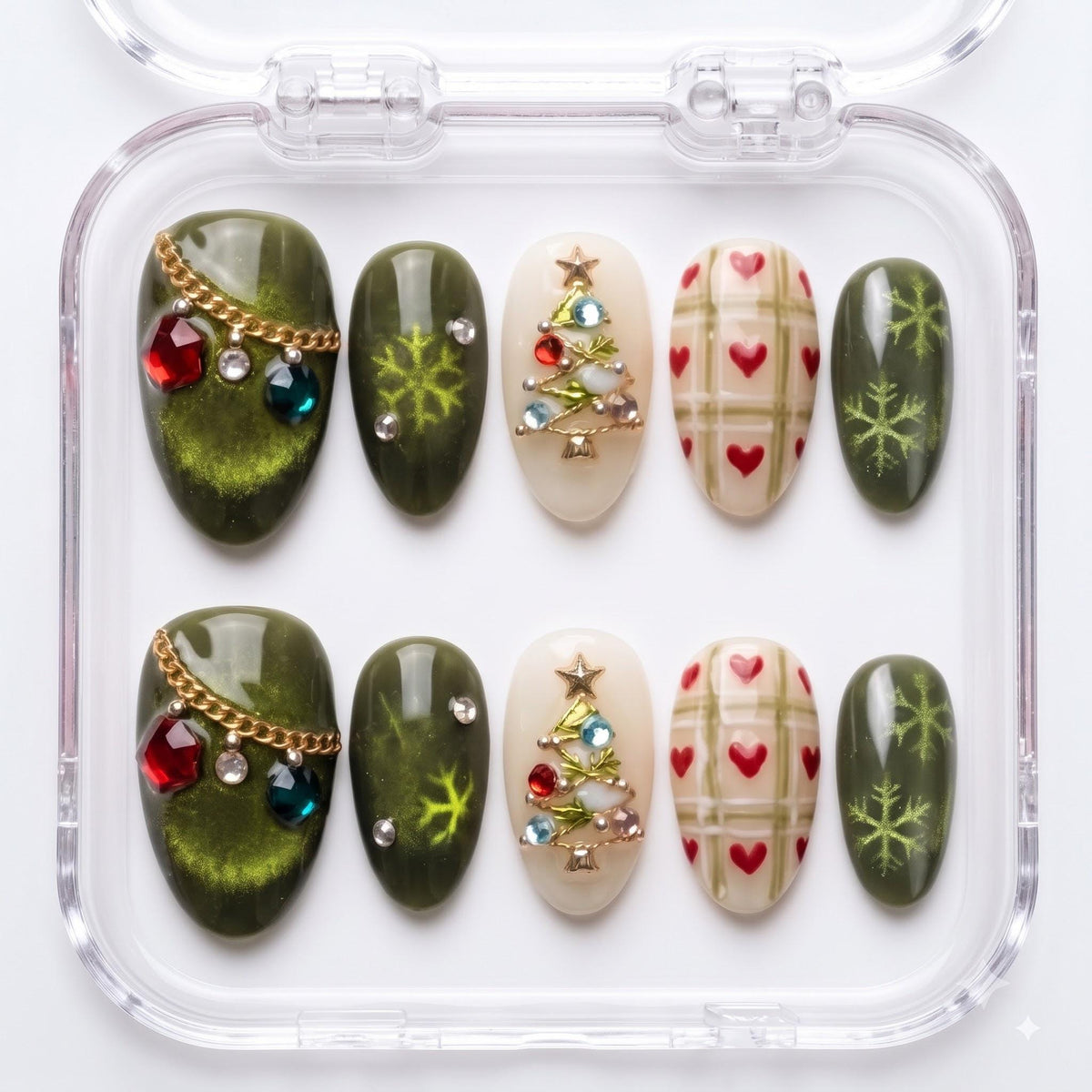 Olive Green Cat Eye Christmas Nails with Plaid Hearts and Jeweled Tree Accents