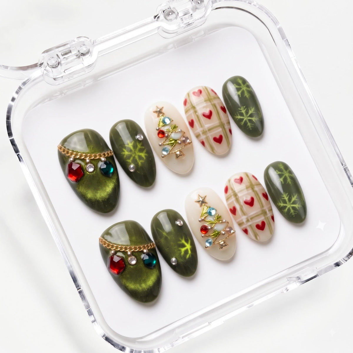 Olive Green Cat Eye Christmas Nails with Plaid Hearts and Jeweled Tree Accents