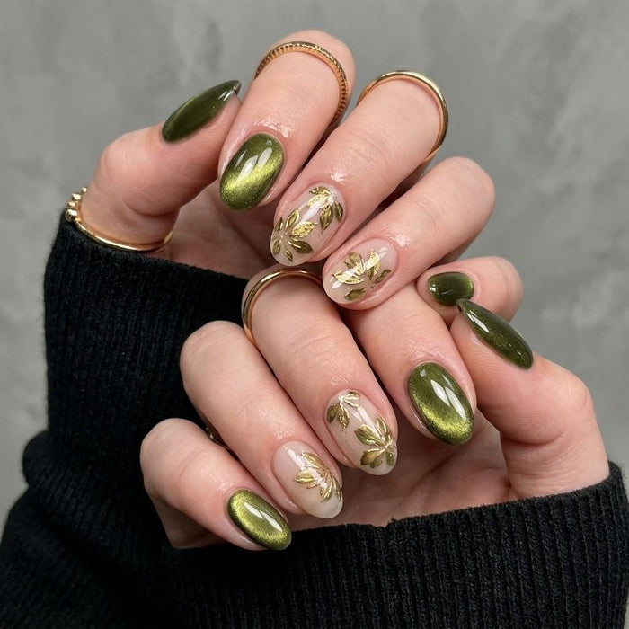 Olive Green Cat Eye Press On Nails With Gold Leaf Florals, Autumn Botanical Design