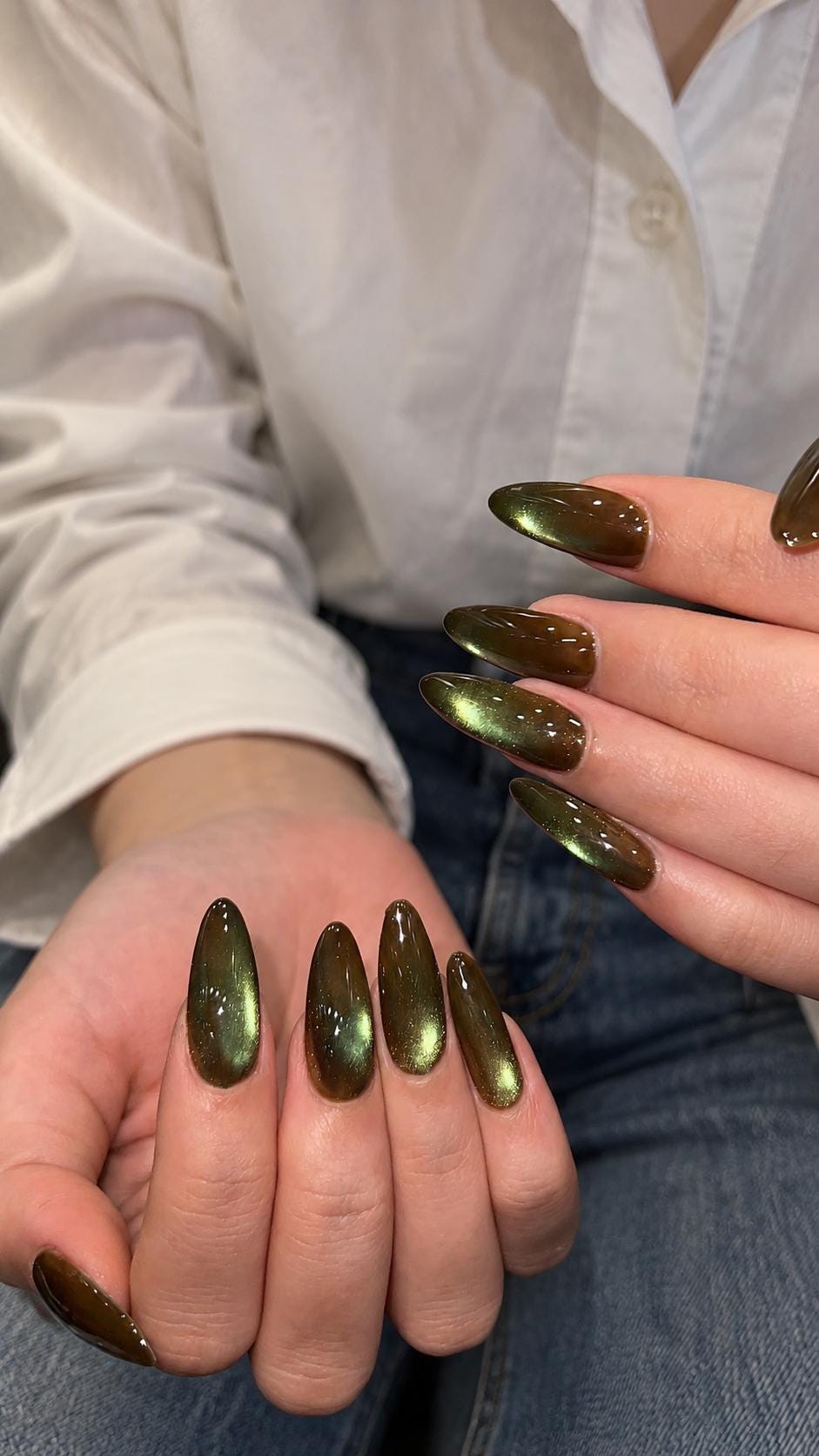 Olive Green Cat Eye Press-On Nails With Bronze-Gold Shimmer