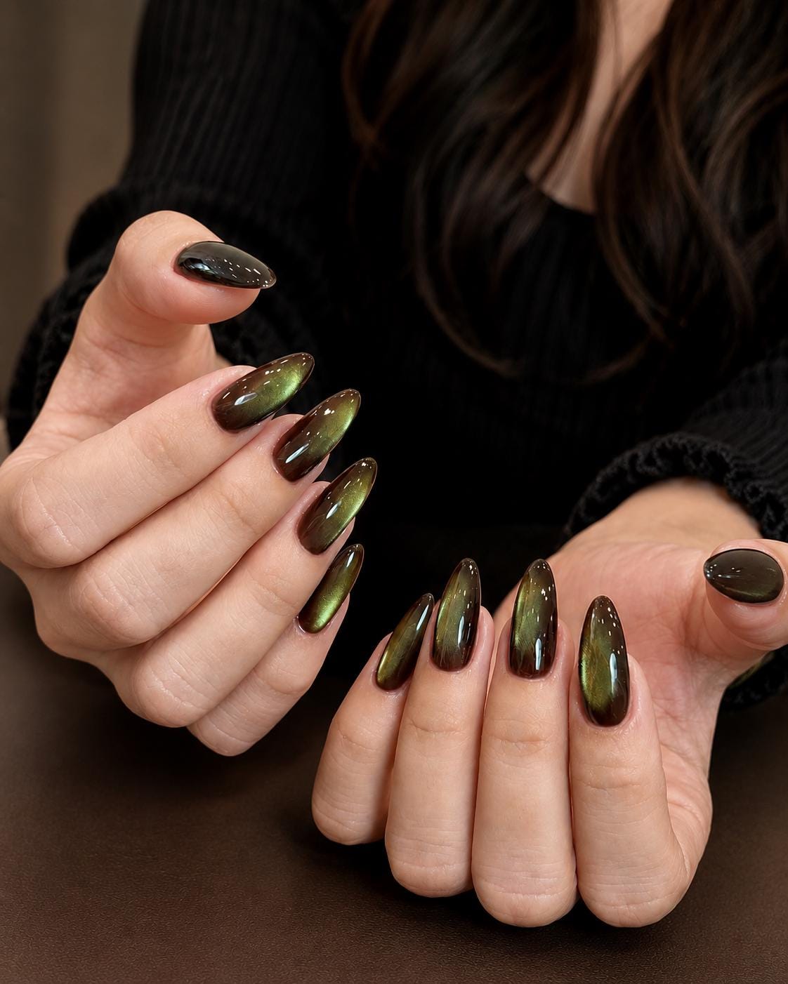 Olive Green Cat Eye Press On Nails With Deep Brown and Burgundy Shifts for Fall and Winter