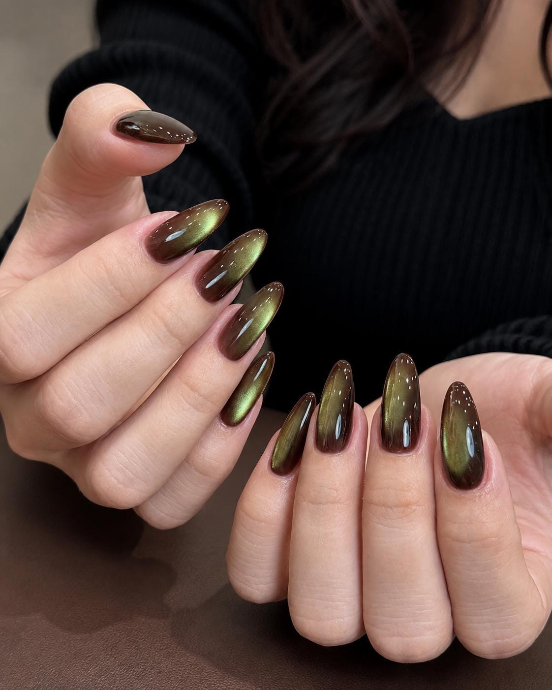 Olive Green Cat Eye Press On Nails With Deep Brown and Burgundy Shifts for Fall and Winter
