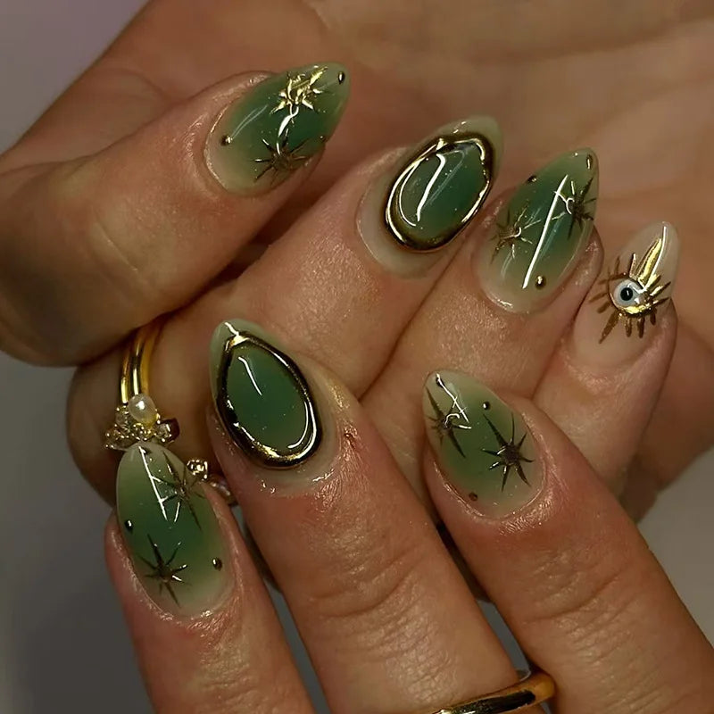 Olive Green Celestial Press On Nails with Gold Sunburst Details