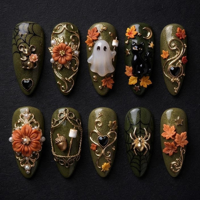 Olive Green Glitter Autumn Ghost and Black Cat Press-On Nail Set