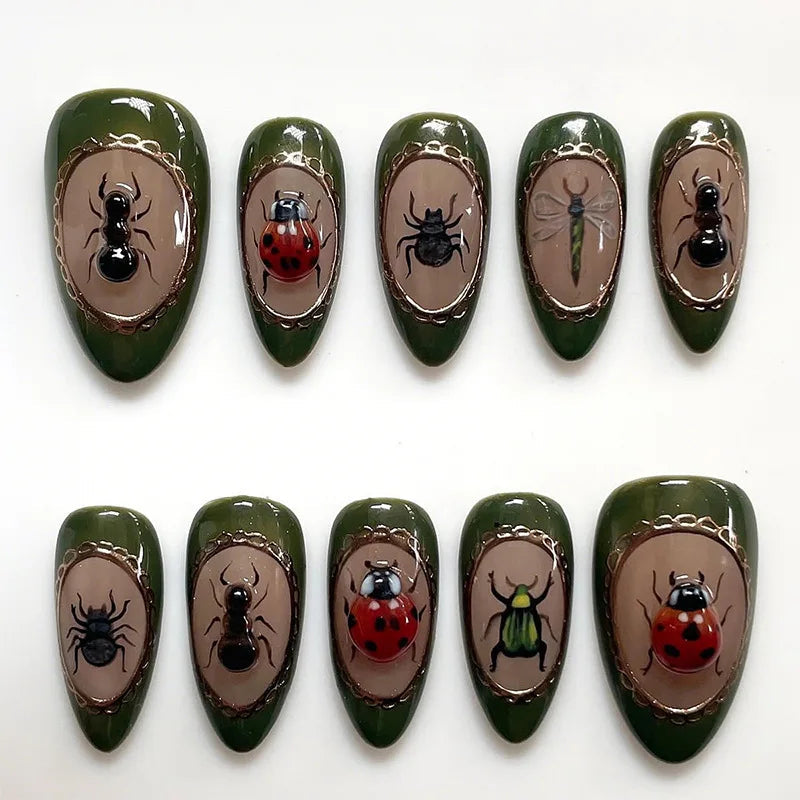 Olive Green Insect Press-On Nails with Raised Gold-Edged Panels