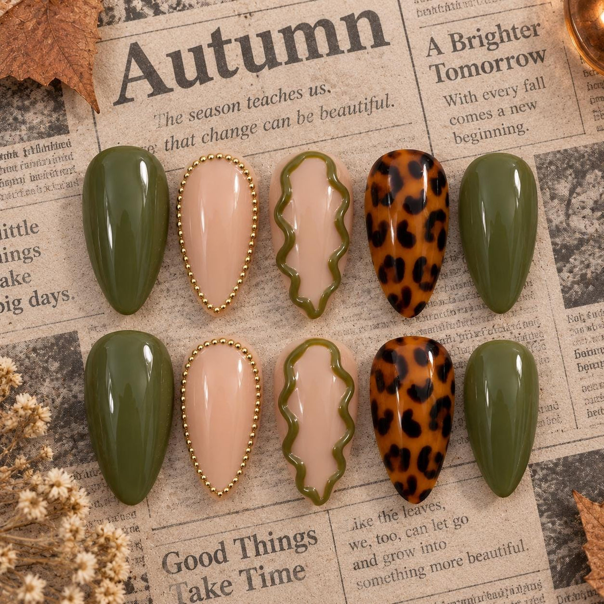 Olive Green Leopard Print Fall Press-On Nails With Gold Beaded Accents