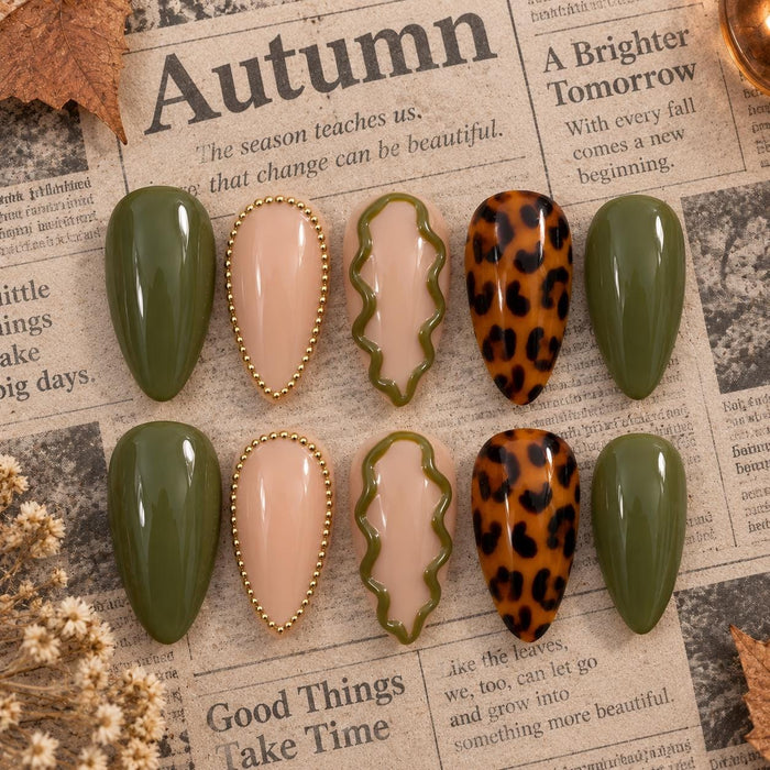 Olive Green Leopard Print Fall Press-On Nails With Gold Beaded Accents