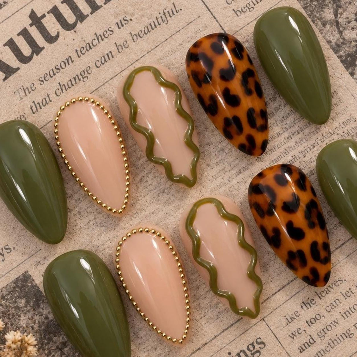 Olive Green Leopard Print Fall Press-On Nails With Gold Beaded Accents
