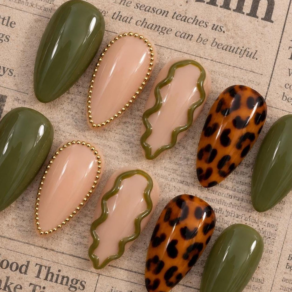 Olive Green Leopard Print Fall Press-On Nails With Gold Beaded Accents