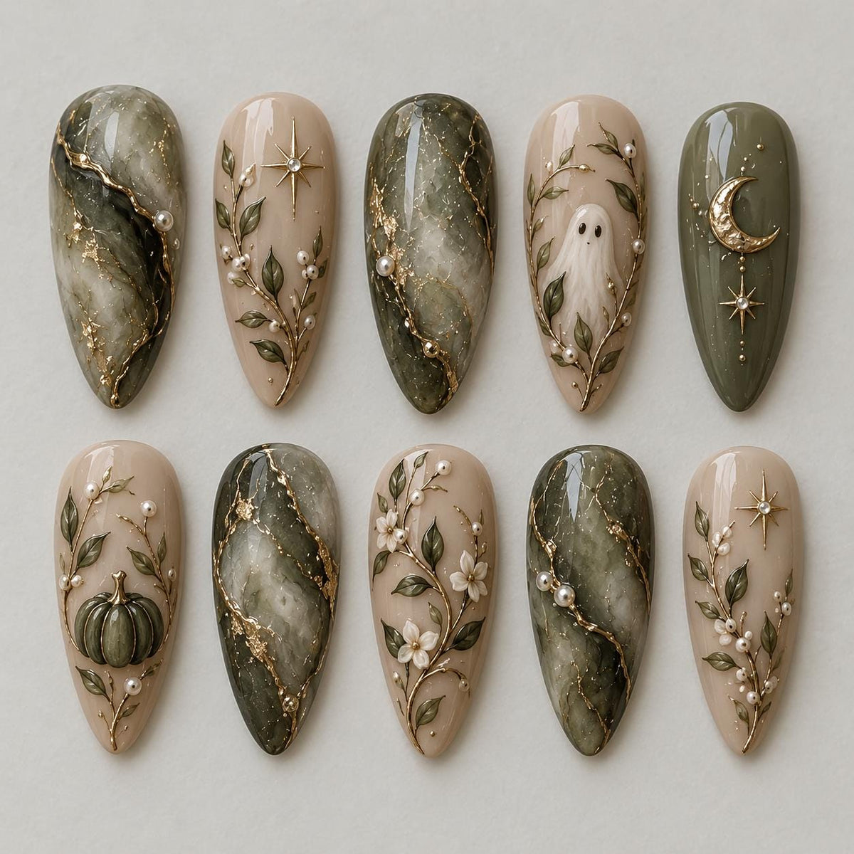 Olive Green Marble Halloween Nails With Botanical Ghosts and Celestial Gold Details